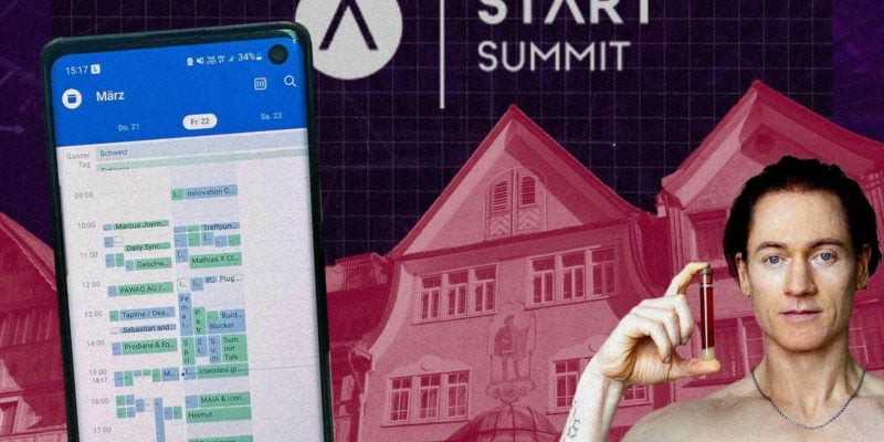 Photo de couverture de l'article sur le START Summit St. Gallen, un événement de startup. À gauche, un calendrier plein, à droite un intervenant sur des thèmes de longévité. En haut au centre, le logo du START Summit.