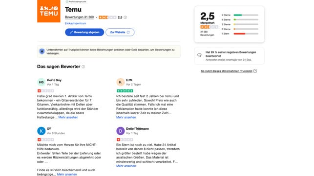 temu-qualitaet Temu sur Trustpilot : 2,5 sur 5 étoiles – « médiocre »