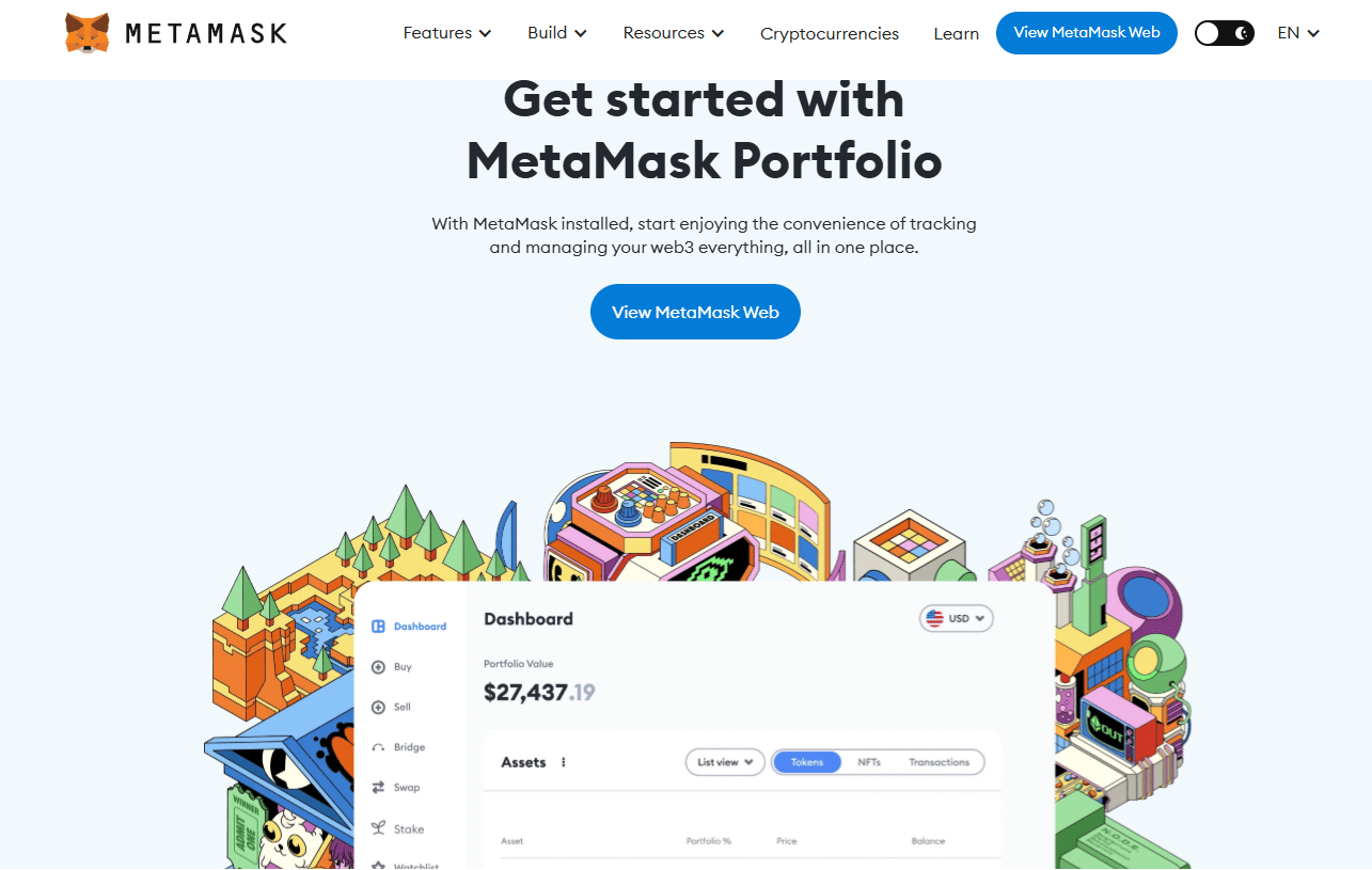 page de démarrage de MetaMask
