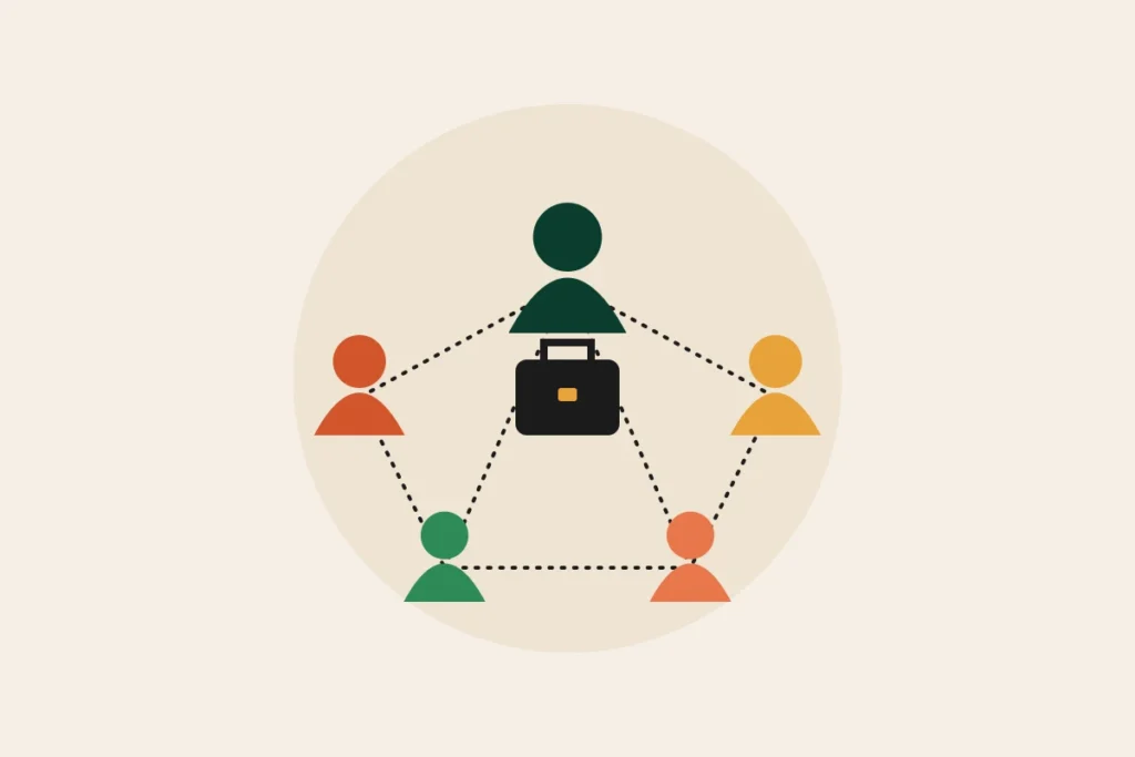 Illustration d'un réseau de professionnels reliés autour d'une mallette
